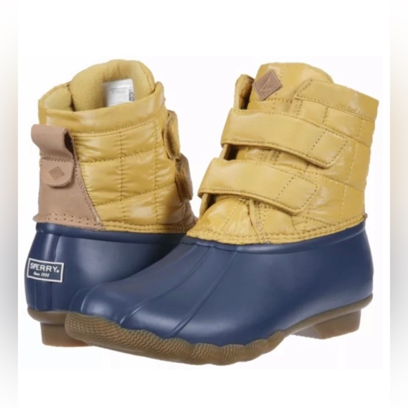 Sperry Saltwater Jetty Waterproof Duck Boots Rain Boots Yellow Navy Velcro Sz 6 - Picture 1 of 16